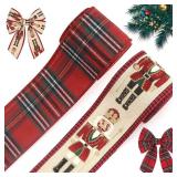 FACTORY SEALED - Threetols 2 Rolls 10 Yards Christmas Wired Edge Ribbons, 2.5inch Vintage Red Buffalo Plaid Ribbons, Christmas Nutcracker Ribbon for Xmas DIY Craft Winter Wreath Bow New Year Party Dec