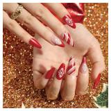 FACTORY SEALED - Christmas French Tip Press on Nails Medium Fake Nails Almond Nails Press ons Red Full Cover Acrylic Nails Snowflake & Stripe Line False Nails Gold Glitter & Glossy Winter Glue on Nail
