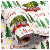FACTORY SEALED - Flyhill Christmas Wrapping Paper Roll-17 Inch X 33 Feet-46.8sqft-Metallic Sparkle Star with Red Car Truck,Trees,Merry Christmas Letters Design for Birthday,Origami,Party