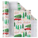FACTORY SEALED - Flyhill Christmas Wrapping Paper Roll-17 Inch X 33 Feet-46.8sqft-Metallic Sparkle Star with Red Car Truck,Trees,Merry Christmas Letters Design for Birthday,Origami,Party