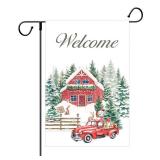 FACTORY SEALED - AIBIIN 12x18 inch Winter Garden Flag Welcome for Outside Vertical 12x18 Double Sided White Snowscape Red House Truck Decorations Yard Flag Outdoor