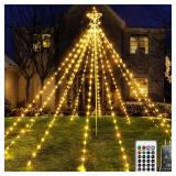 APPEARS NEW - Ollny Christmas Lights Tree 340LED with Topper Star, IP67 Waterproof Remote Control Waterfall Lights with Pole, 8 Modes 3 Timers Dimmable Christmas Decorations for Outdoor Yard Garden La
