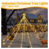 APPEARS NEW - Ollny Christmas Lights Tree 340LED with Topper Star, IP67 Waterproof Remote Control Waterfall Lights with Pole, 8 Modes 3 Timers Dimmable Christmas Decorations for Outdoor Yard Garden La