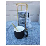 Modern Black Coffee Mug Set with Gold Stand