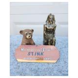 Vintage Egyptian Pharaoh Statue with Bear Figurine and Humorous Sign