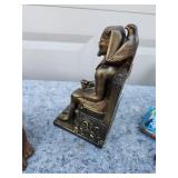 Vintage Egyptian Pharaoh Statue with Bear Figurine and Humorous Sign