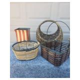 Decorative Wicker Basket Set with Striped Metal Planter