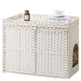 SETVSON Cat Litter Box Enclosure Furniture, Handwoven Rattan Hidden Litter Box with Mat, Large Space Cat House with 2 S-Shaped Hooks 30.3 x 18.3 x 24.4 Inches, Indoor for Living Room Apartment White -
