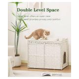 SETVSON Cat Litter Box Enclosure Furniture, Handwoven Rattan Hidden Litter Box with Mat, Large Space Cat House with 2 S-Shaped Hooks 30.3 x 18.3 x 24.4 Inches, Indoor for Living Room Apartment White -