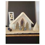 Vintage styrofoam church 12x16x8 on glitter snow plus a Bakelite nightlight with blue bulb