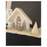 Vintage styrofoam church 12x16x8 on glitter snow plus a Bakelite nightlight with blue bulb