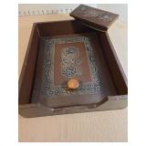 Antique embossed leather desk box with lid and matching ink blotter with floral design