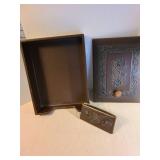 Antique embossed leather desk box with lid and matching ink blotter with floral design