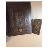 Antique embossed leather desk box with lid and matching ink blotter with floral design