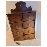 Primitive antique wooden eight drawer spice chest, 16x10.5x5.5. Two loose knobs included.