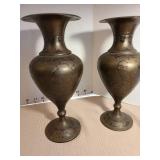 Decorative brass etched vase pair, 10in tall
