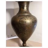 Decorative brass etched vase pair, 10in tall