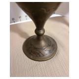 Decorative brass etched vase pair, 10in tall