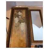 Vintage Asian botanical floral scene painting on silk, 25x10.5 and Franklin wall mirror 19x7.5