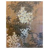 Vintage Asian botanical floral scene painting on silk, 25x10.5 and Franklin wall mirror 19x7.5