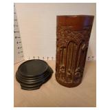 Chinese carved bamboo forest scene brush pot, 9in tall plus a wooden lift, large crack on back