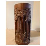 Chinese carved bamboo forest scene brush pot, 9in tall plus a wooden lift, large crack on back