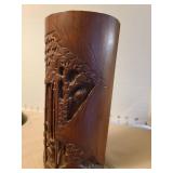Chinese carved bamboo forest scene brush pot, 9in tall plus a wooden lift, large crack on back
