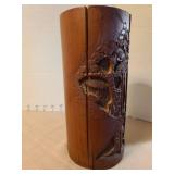 Chinese carved bamboo forest scene brush pot, 9in tall plus a wooden lift, large crack on back