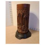 Chinese carved bamboo forest scene brush pot, 9in tall plus a wooden lift, large crack on back
