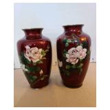 Vintage Japanese Pigeon Blood Red Cloisonne Vases with Rose Design, 7.5in tall, total of 2
