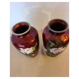 Vintage Japanese Pigeon Blood Red Cloisonne Vases with Rose Design, 7.5in tall, total of 2