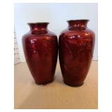 Vintage Japanese Pigeon Blood Red Cloisonne Vases with Rose Design, 7.5in tall, total of 2