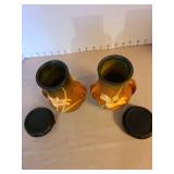 Roseville pottery Zephyr Lily vases set, excellent condition, 6in tall, plus 2 wooden lifts