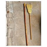 Renaissance Faire wooden staff with carved face 7 ft tall and a corn broom.