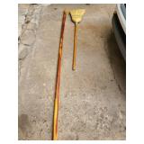 Renaissance Faire wooden staff with carved face 7 ft tall and a corn broom.