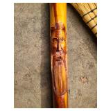 Renaissance Faire wooden staff with carved face 7 ft tall and a corn broom.