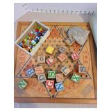 Vintage Chinese Checkers board and old marbles in bag, wood blocks, more marbles