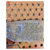 Vintage Chinese Checkers board and old marbles in bag, wood blocks, more marbles