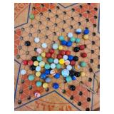 Vintage Chinese Checkers board and old marbles in bag, wood blocks, more marbles