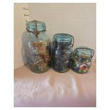 Vintage Blue Glass Atlas Jars Collection with vintage marbles, blocks, dominoes