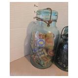 Vintage Blue Glass Atlas Jars Collection with vintage marbles, blocks, dominoes