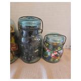 Vintage Blue Glass Atlas Jars Collection with vintage marbles, blocks, dominoes