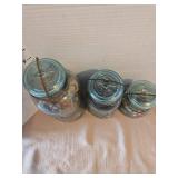 Vintage Blue Glass Atlas Jars Collection with vintage marbles, blocks, dominoes