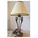 Vintage Art Deco table lamp with ornate bronze base and claw feet, 19in tall