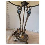 Vintage Art Deco table lamp with ornate bronze base and claw feet, 19in tall