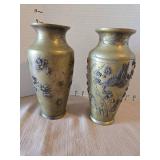 Vintage Japanese Brass Vases with Bird and Floral Relief