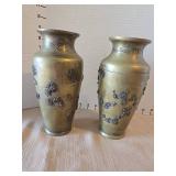 Vintage Japanese Brass Vases with Bird and Floral Relief