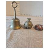 Vintage Brass bells and a round cloisonne box