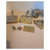 Vintage Chinese brass miniature teapot and pitcher, plus trinket boxes with inlaid stones. Some in need of repair.
