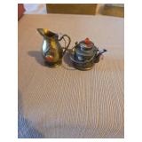 Vintage Chinese brass miniature teapot and pitcher, plus trinket boxes with inlaid stones. Some in need of repair.